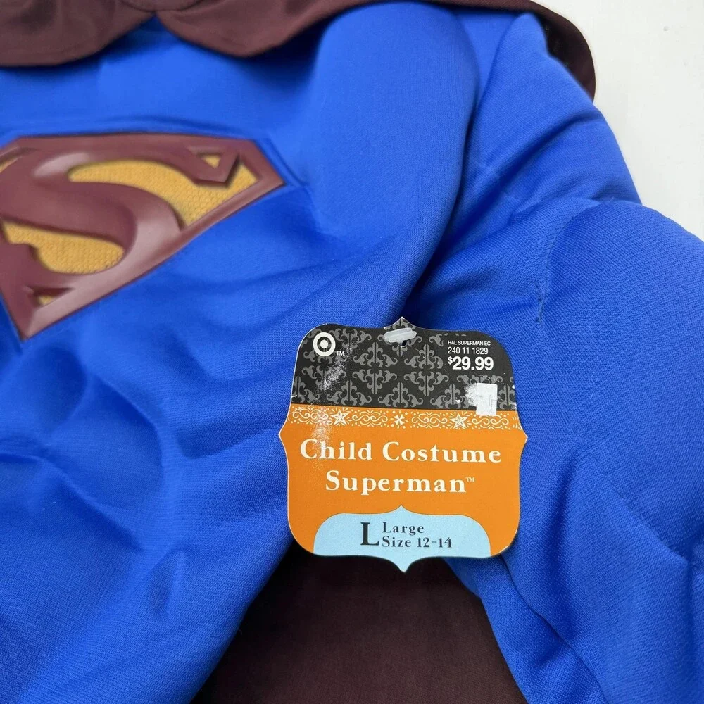 Rubie's Superman Costume Bodysuit Boys 12-14 Blue Cape Belt 3 Piece Halloween